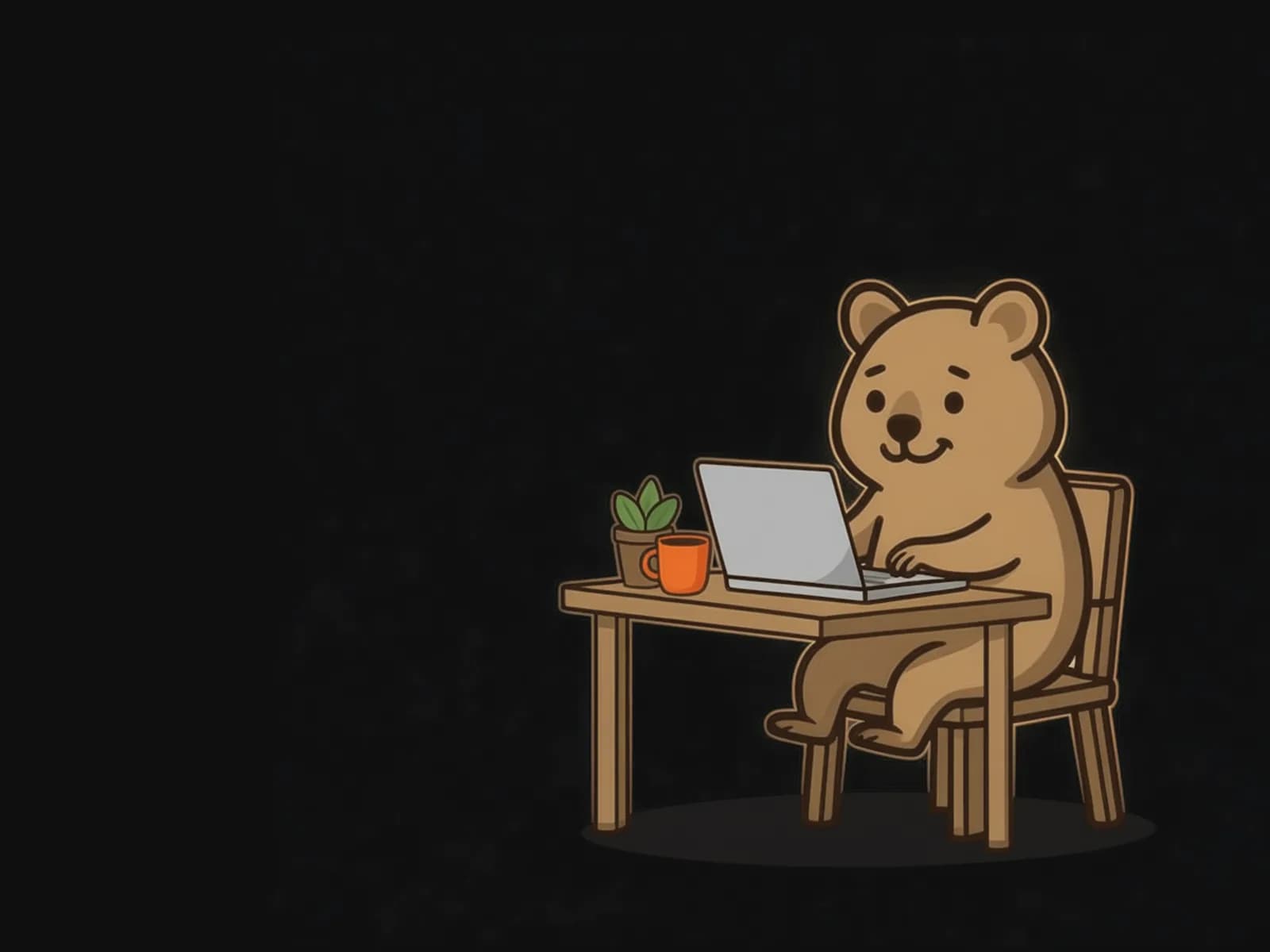 나무 책상에 앉아 노트북으로 코딩하는 쿼카 마스코트. 옆에 주황색 머그컵과 작은 화분이 있다